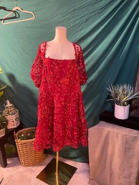 Red Floral Embroidered Square-Neck Dress